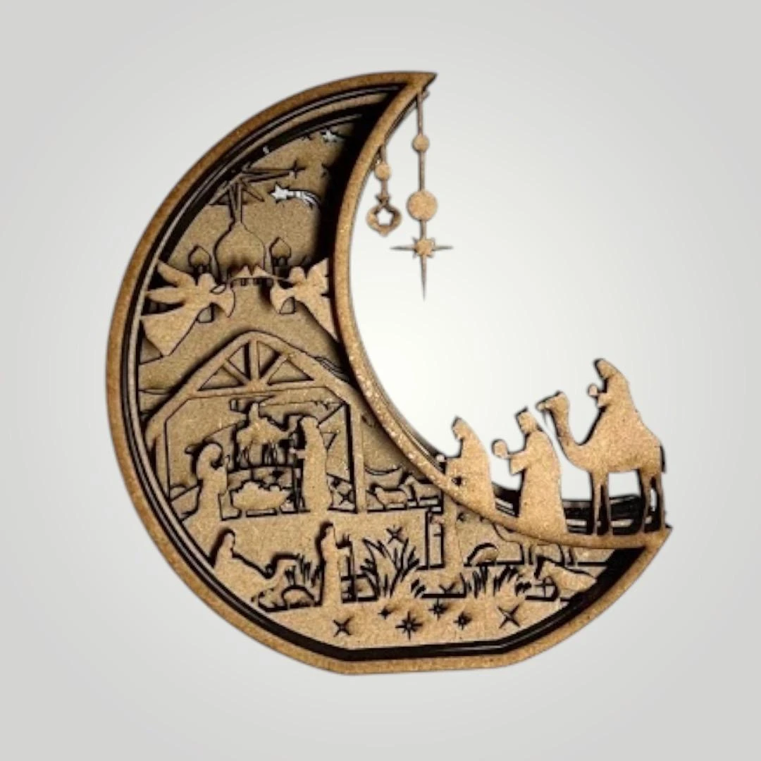 Adorno de luna con pesebre navideño en MDF