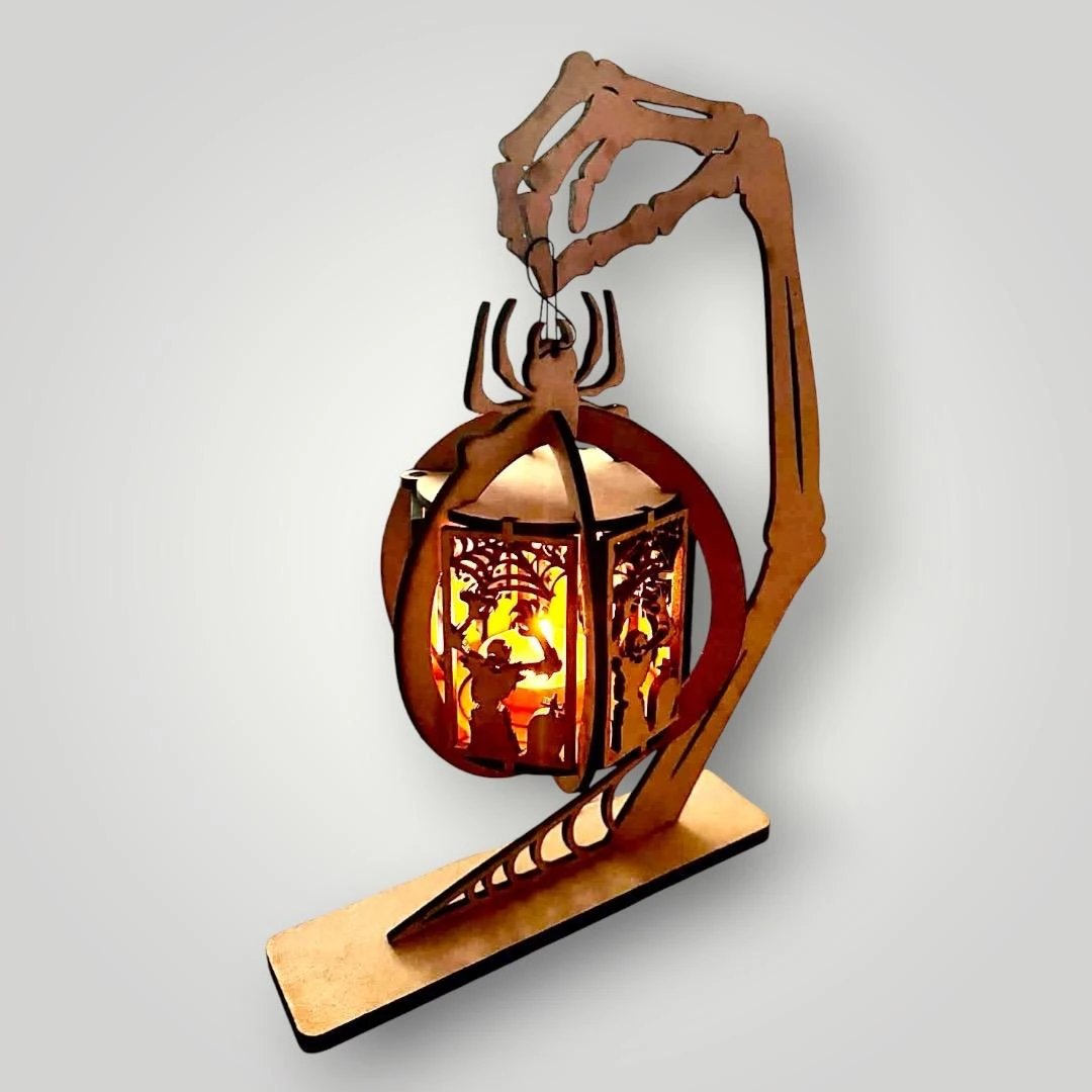Lámpara decorativa Halloween en MDF con brazo esquelético y araña